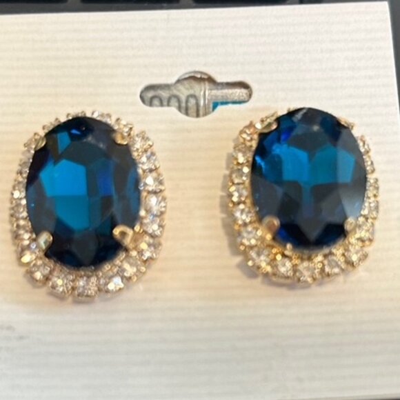 Large Austrian Crystal Earrings: Center Faceted Blue Crystal with Clear Crystals - Picture 2 of 5